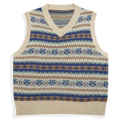 Gmiixder Men Gmiixder Retro fest wau Gwanwyn Hydref Pentrwm Rhydd Côt siwmper lewys llewys Unisex Preppy Stripe Ethnig V-gwddf Top
