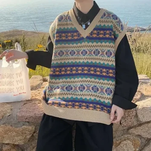Herrenkleidung, grafische Weste, ärmelloser Strickpullover, Herrenweste, kariert, blau, V, hochwertige Replik, koreanische Herbstkleidung