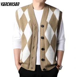 Pria Rompi Rajut Tombol Tanpa Lengan Argyle Sweater Cardigan Jaket Plus Ukuran 100kg 4XL V Neck Gaya Preppy Kasual 00028
