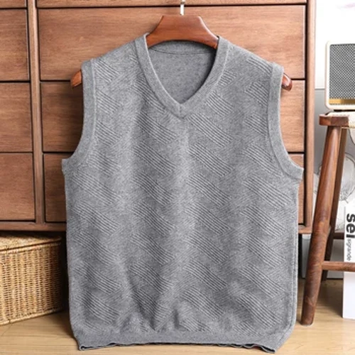 Sweater Vest Men Palapot V-neck Sleeveless Knitted Vests Anti-Pilling Knitted Waistcoat Ingot Needle Jacquard Solid Color