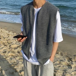 Pria Rajutan Tanpa Lengan Ritsleting Sweater Kasual Pakaian Mewah Rompi Tide Port Gaya Leisure Pullover Musim Semi Retro Pakaian Rajut