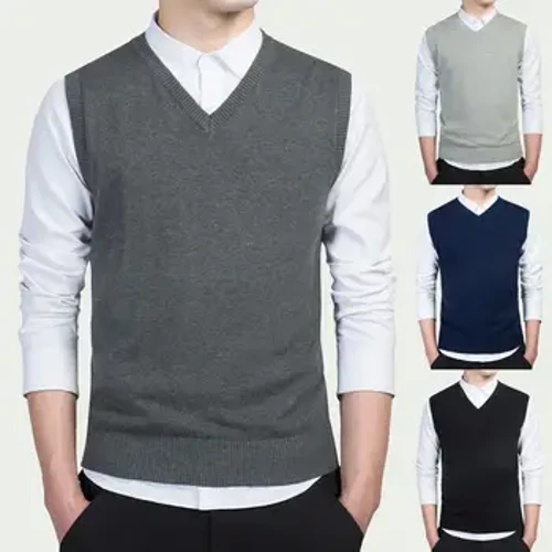 Hombres Otoño Invierno Color Sólido Sin Mangas Cuello En V Suéter De Punto Chaleco De Negocios