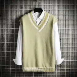 ʻO Chic Contrast Color Soft Winter Vest Sweater Knitting Autumn Sweater Anti-pilling Men Vest Sweater no ka lole o kēlā me kēia lā