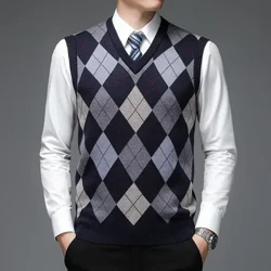 2023 outono e inverno masculino com decote em v com colete de lã sem mangas camisola de malha xadrez impressão colete suéteres