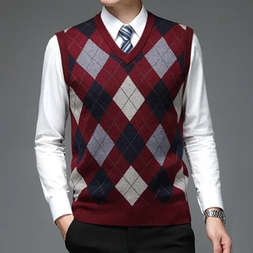Męska kamizelka sweterkowa Dzianinowy podkoszulek V Neck Sweter bez rękawów Casual Top w kratę Zimowe jesienne ciepłe kamizelki