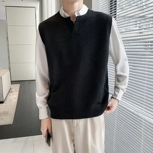 Erkekler üçin trikota Sw switerler Gara palto gara adam eşikleri V boýun boýy tekiz ýeňsiz gaty reňk Elegant koreý modasy 2023 güýz