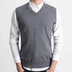 I-Sweater Vest Yamadoda Umbala Oqinile V Intamo Isondo Elivamile I-sweater Elukiwe V I-Neck Knit Vest Amadoda Angenamikhono Ekwindla I-Casual Vest Sweater