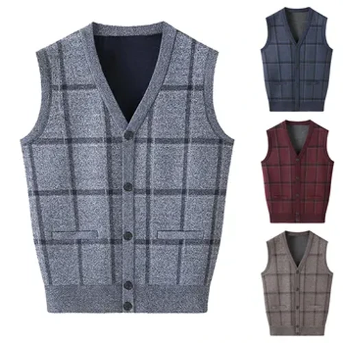 Mens Autumn Winter Casual Fashion V Neck Sleeveless Knit At Fleece Vest Sweater Vest Sweatshirt Cardigan