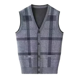 Rajut dan Bulu Golf Rompi Pria Musim Dingin Pria Kasual Rajutan Kotak-kotak Rompi V-neck Tanpa Lengan Sweater untuk Pria Tanpa Lengan