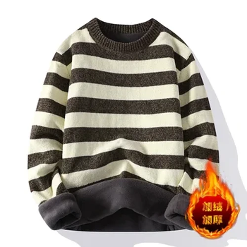2023 Musim Gugur Musim Dingin Bergaris Rajutan Sweater Pria Baru O-Neck Bulu Tebal Di Dalam Lengan Panjang Pullover Pria Kasual Sweater Pullover