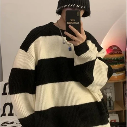 Moda coreana retrò a righe da uomo maglione lavorato a maglia invernale Y2K street style calore personalizzato Felpa con cappuccio semplice addensata Harajuku