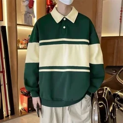 Erkekler Polo ýakasy köýnekler Bahar güýz üzüm zolakly patchwork pullover Tops Casual Boose Hoodies Erkek Harajuku köçe eşikleri