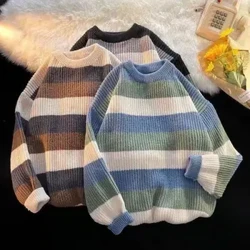 Áo len sọc nam Áo len dệt kim sọc màu Colorblock ấm cúng Áo thun cổ tròn cho mùa thu đông dày ấm phong cách dạo phố