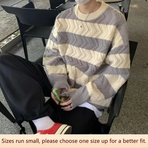 Pria Wanita Gaya Hong Kong Bergaris Leher Bulat Rajutan Sweater Jaket Kanggo Musim Gugur/Musim Dingin Trendi Pakaian Luar