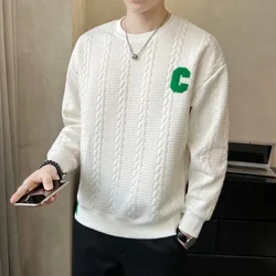 Есенен мъжки суичър Корейски щампа с букви Slim Fit Пуловер с дълъг ръкав и О-образно деколте Модни райета Ежедневен качествен суичър