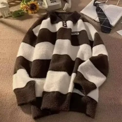 Suéter masculino e feminino com lapela, top de malha quente de inverno com ajuste solto estampa listrada estilo preguiçoso casal para outono pulôver de malha
