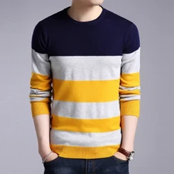 Erkekleriň tötänleýin zolakly trikota Spring bahary we güýz uzyn ýeňli pullover moda depesi