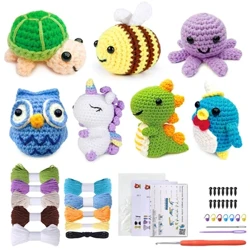 Animal diy kit de crochê com agulhas de fio de tricô manual boneca de pelúcia fácil para começar inclui acessórios de gancho de fio suficiente