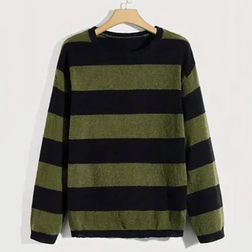 Herre afslappet vintage stribet o-hals striktrøjer sweater Streetwear Oversized ensfarvet langærmede toppe Luksus strik
