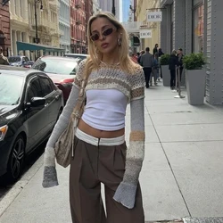 Vintage Grunge Stickad Crop Top 2000-talet Dam Randig Långärmad tröja Fairycore Kläder E Girl T-Shirt Stickad