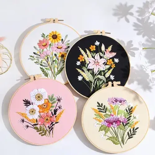 Mga Kit ng Pagbuburda Para sa Mga Nagsisimula Pagbuburda ng Kamay Makukulay na Halaman ng Bulaklak na Mga DIY Kit na May Embroidery Hoops Needles Threads Punch Needle