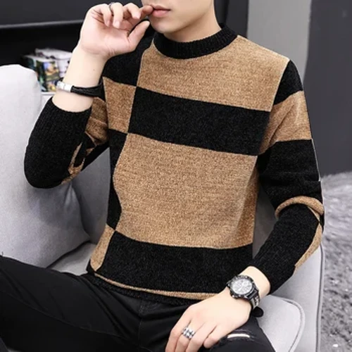 Zolakly erkekler Uzyn ýeňli trikota Sw switer Homme Qualityokary hilli pullovers Gyş O Boýnuň ýyrtyklary