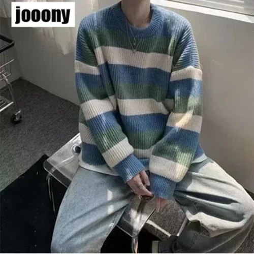 Styleaponiýa stili zolakly switer Boş trikota Sw switer Galyň ýokarky erkek eşikler Güýz gyş switer erkekleri koreý stili erkek