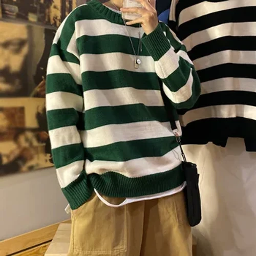 Şerit Örme Kazak Erkekler Sonbahar Kış Baggy Uzun Kollu Üstleri Moda Tüm Maç Trendi Streetwei Ins Vintage Y2K Erkek Giysileri