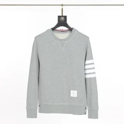 Sweater pria bergaris atasan pullover pasangan memakai katun trendi lengan panjang kasual