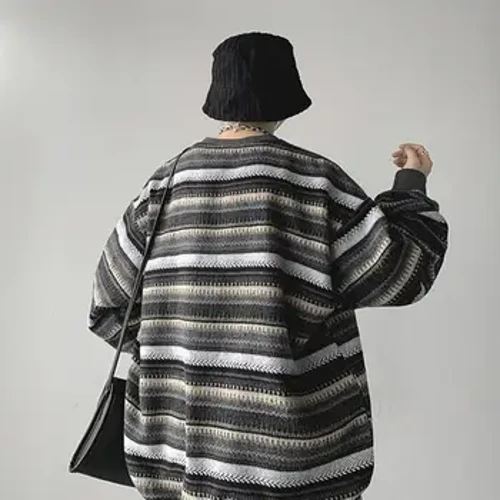 Musim Gugur Pullover Pria Wanita Vintage Bergaris Kebesaran Sweater Lengan Panjang Rajutan Atasan Hip Hop Streetwear Pullover Wanita