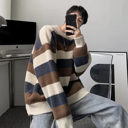 Pull rayé hommes col rond hommes Harajuku tricoté automne à manches longues Streetwear pull surdimensionné décontracté Couple hommes chandails