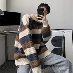 Çizgili Kazak Erkekler Mürettebat Boyun Erkekler Harajuku Örme Sonbahar Uzun Kollu Streetwear Kazak Büyük Boy Rahat Çift Erkek Kazak