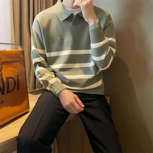 ฤดูใบไม้ร่วงที่เรียบง่ายLapelลายเสื้อกันหนาวผู้ชายสบายๆเกาหลีแฟชั่นเสื้อถักใหม่Y2Kหลวมถักจัมเปอร์