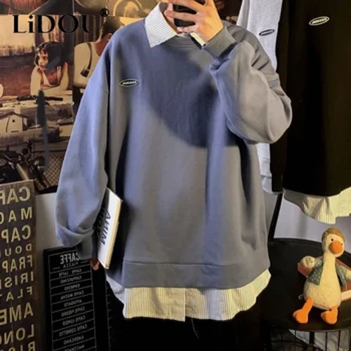 Forår Efterår Ny Patchwork Falske Todelte stribede sweatshirts Mand Mode Afslappet Løse Overdele Harajuku Langærmet Shirt Pullover