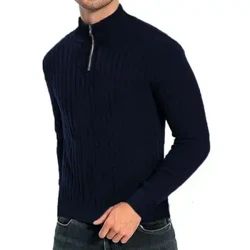 Pulover pentru bărbați, toamnă, iarnă, cu fermoar, guler pe jumătate înalt, pulover de culoare uni, tricotat, moale, cald, elastic, în dungi, pentru bărbați, cu lungime medie