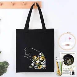 Beginner Canvas Tote Bag Embroidery Kit Black Kitten Pattern Cross Stitch Kits Kasama ang Stamped Embroidery Bag Hoops Needle