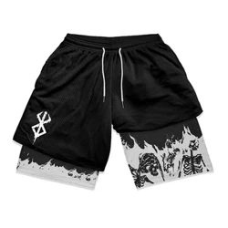 Y2K Anime šortai Manga Skull Print 2 in 1 Sporto šortai vyrams Fitness Mesh Greitai Dry Performance Trumpos kelnės Treniruotės vasara