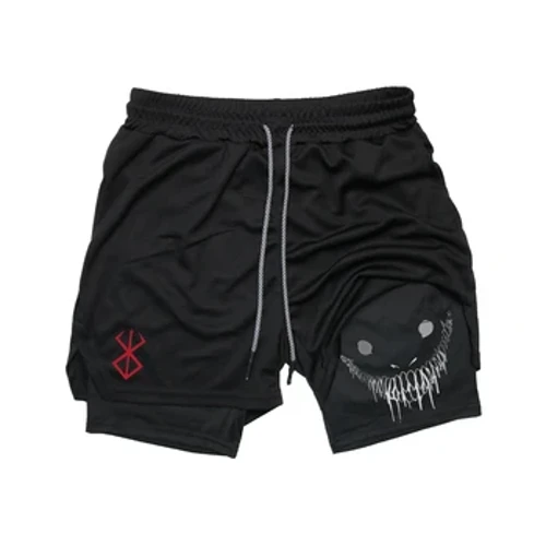Anime Berserk Running Shorts Fir Oiliúint Aclaíochta Giomnáisiam 2 in 1 Shorts Spóirt Aclaíocht Thapa Tirim Bogshodar Deic Dúbailte Samhraidh