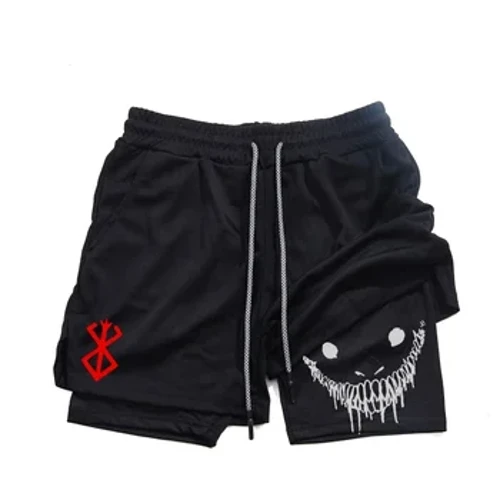 Berserk- Shorts esportivos masculinos 2 em 1, shorts de secagem rápida, ginástica e treinamento físico, camada dupla