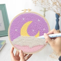 Cenário lua perfurador agulha bordado starter kits diy artesanato conjunto tapete gancho punch agulha ferramenta com threader tecido fio de lã