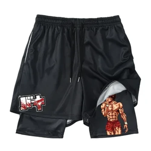 Anime Hanma Baki Quần Short Tập Gym Màu Đen Dành Cho Nam 2 In1 Lưới Nhanh Khô Ban Quần Short Nam Thể Hình Thể Dục Chạy Quần Ngắn mùa Hè