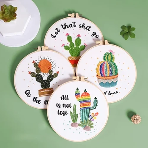 Zestawy startowe do haftu dla dorosłych Początkujący z wytłoczonym wzorem, nić do haftu + igły + tamborek, seria Cactus
