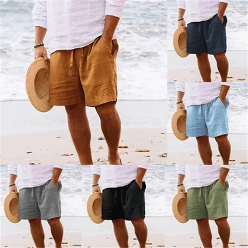 2024 Herre sommershorts i bomullslin trekktau elastisk midje rett ben ensfarget pustende strand fem casual medium bukser