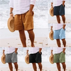 2024 Pantaloncini estivi in ​​cotone e lino da uomo con corda elastica in vita gamba dritta tinta unita traspirante spiaggia cinque pantaloni casual medi