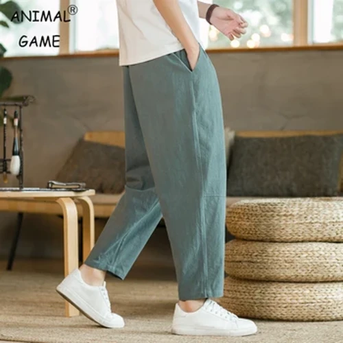 Moške hlače, bombažno perilo, modne hlače za prosti čas, enobarvne, zračne, ohlapne kratke hlače, ravne hlače z vrvico, ulične moške hlače