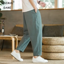 Erkek Pantolon Pamuk Keten Moda Rahat Pantolon Düz Renk Nefes Gevşek Şort Düz İpli Pantolon Sokak Erkekler