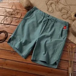 Herre bomullslin Trendy kinesisk stil fritidsshorts 2023 Sommernye fempunktsbukser Strandbukser løs passform