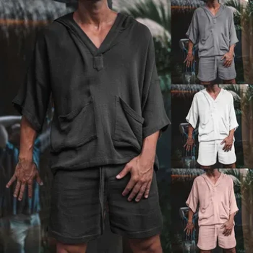 2023 ʻEulopa a me ʻAmelika Hui Pū ʻIa hou pōkole lima pōkole kāne ʻo ka pulupulu Linen Loose Leisure Suit Holiday Men's Wear