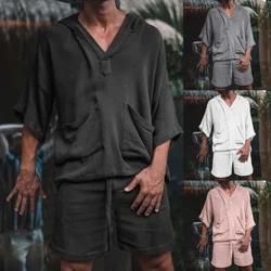 2023 Châu Âu Và Hoa Kỳ Mới Quần Short Tay Ngắn Nam Vải Lanh Cotton Rời Giải Trí Phù Hợp Với Ngày Lễ Nam Mặc