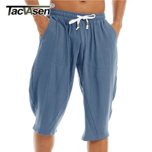 TACVASEN Rahat Keten Kapri Uzun Şort Gevşek Fit erkek Pamuk Keten Harem Şort Diz Altı Baggy Capri Yoga Spor 3/4 Pantolon
